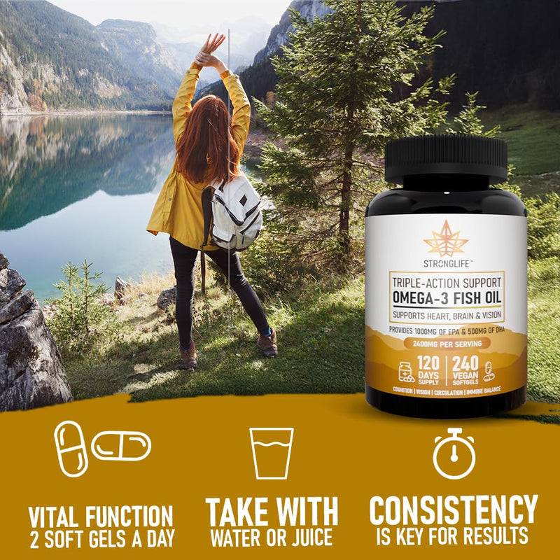 Omega 3 Fish Oil Supplement 3600mg | High Strength EPA & DHA | Brain, Heart, Joint & Eye Support | Premium Omega 3 Softgels for Men & Women | 240 Softgels – 120 Day Supply