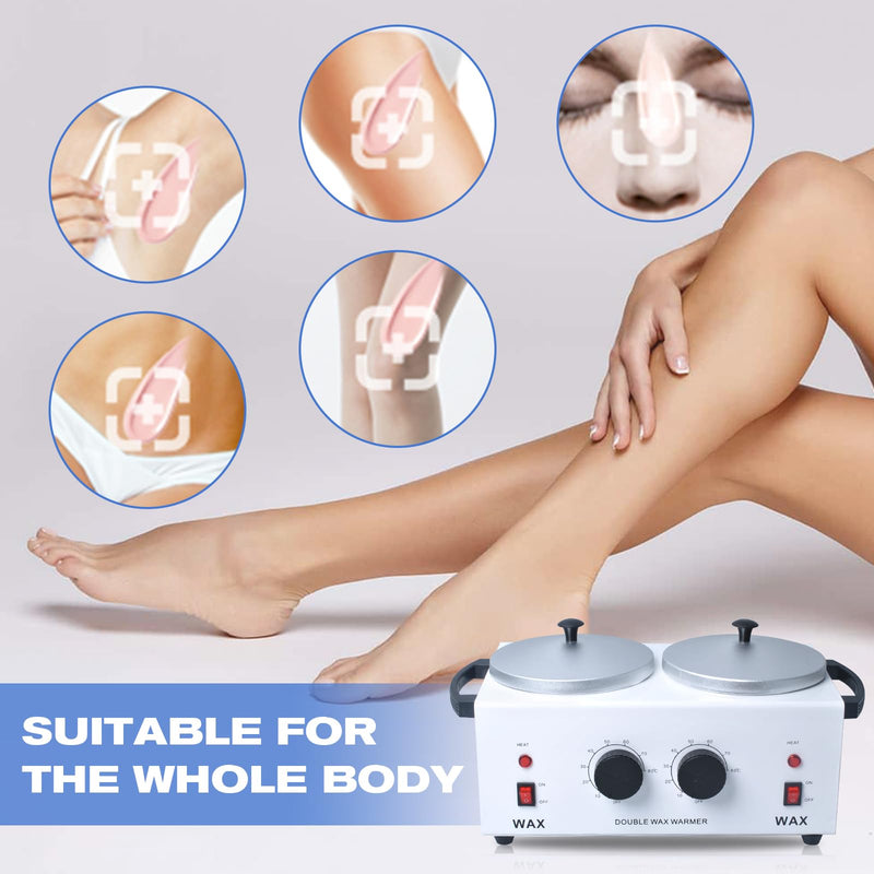 Double Wax Warmer Professional，Wax pot for Hair Removal with Adjustable Temperature Set, Portable Professional Wax Heater for spa and Salon,Body with 200pcs Wax Sticks White - Double Pot