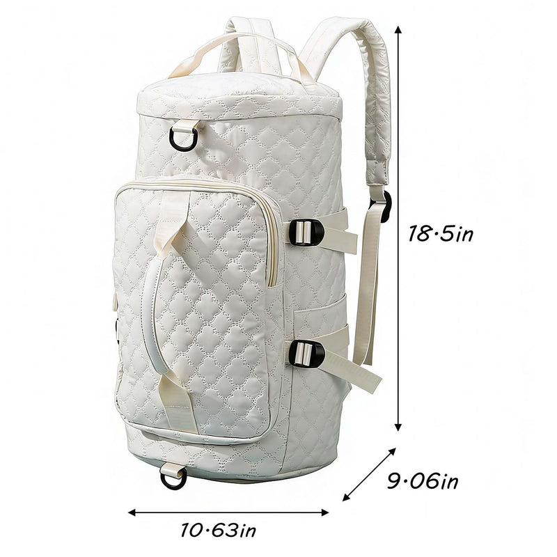 Jupkem Quilted Travel Duffel Bag Backpack Large-capacity independent shoe compartment Adjustable Carry Strap Gym Tote Bag (White) White