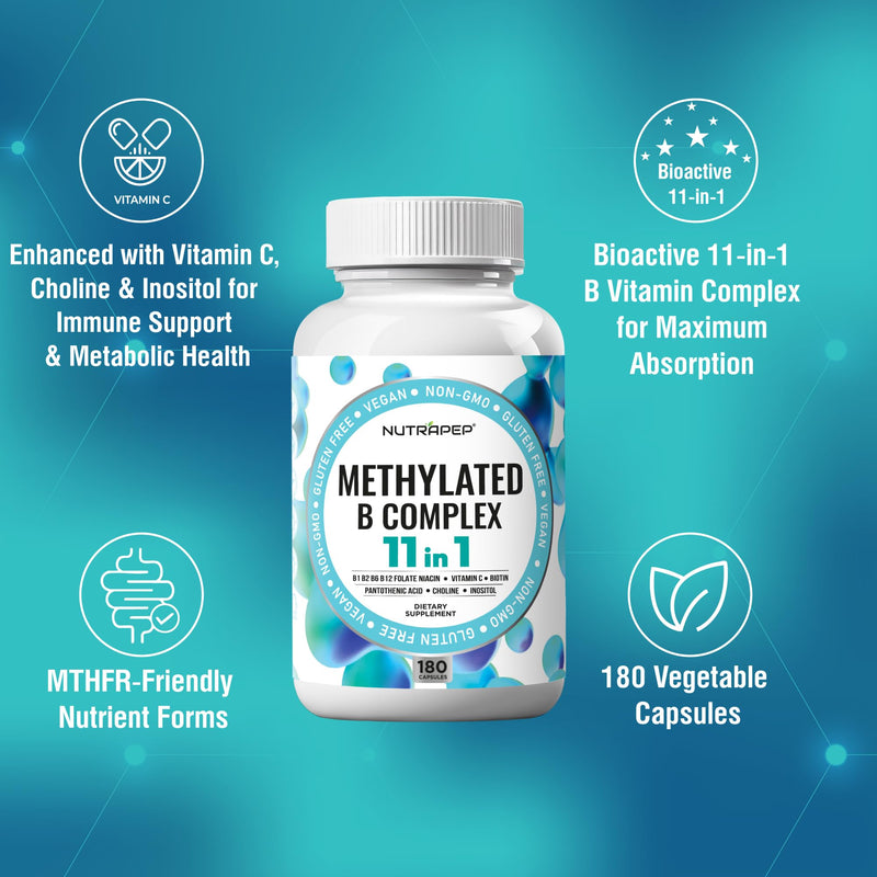 NutraPep Methylated B-Complex Vitamins Complete Methyl Multivitamin | Bioactive B9 5-MTHF B6 B12 MTHFR Support Supplement for Brain Heart Energy - Vegan Gluten Free Sugar Free 180 Count (Pack of 1)