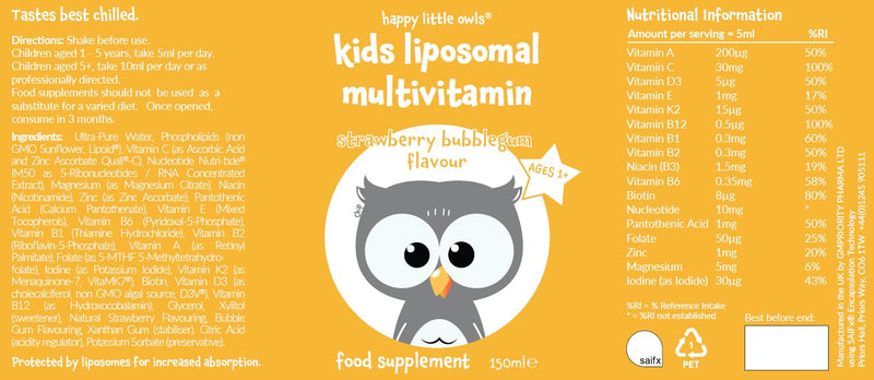 Kids Vitamins Strawberry Bubblegum Multivitamin 150ml – Liposomal Liquid for Kids, Babies 1+ & Toddlers, Vitamin C, D3, B12, Vegan Gluten Free, 30 Servings by Lipolife