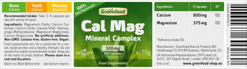 Calcium + Magnesium, 510 mg, 120 Capsules - high bioavailability, in the Ideal Ratio 2:1 (Calcium to Magnesium). Without Artificial additives. Without Genetic Engineering. Vegan.