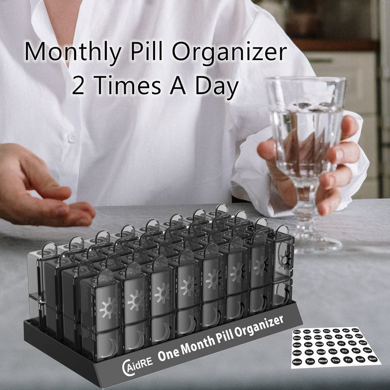 Monthly Pill Organizer 2 Times a Day, CAidRE 30 Day Pill Organizer AM PM, One Month Pill Boxes and Organizer, 31 Day Pill Organizer with Weekly Pill Holder for Fish Oil, Vitamins, Supplements, Black