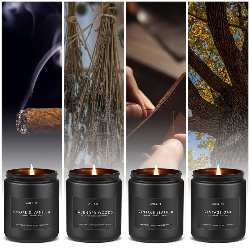 [Australia] - Scented Candles Set | Men Candle Set, Scented Candles for Home, Gifts for Men - 4 Pack Men Candle Gifts Soy Candles Scents of Lavender/Leather/Oak/Smoke & Vanilla Pack of 4 