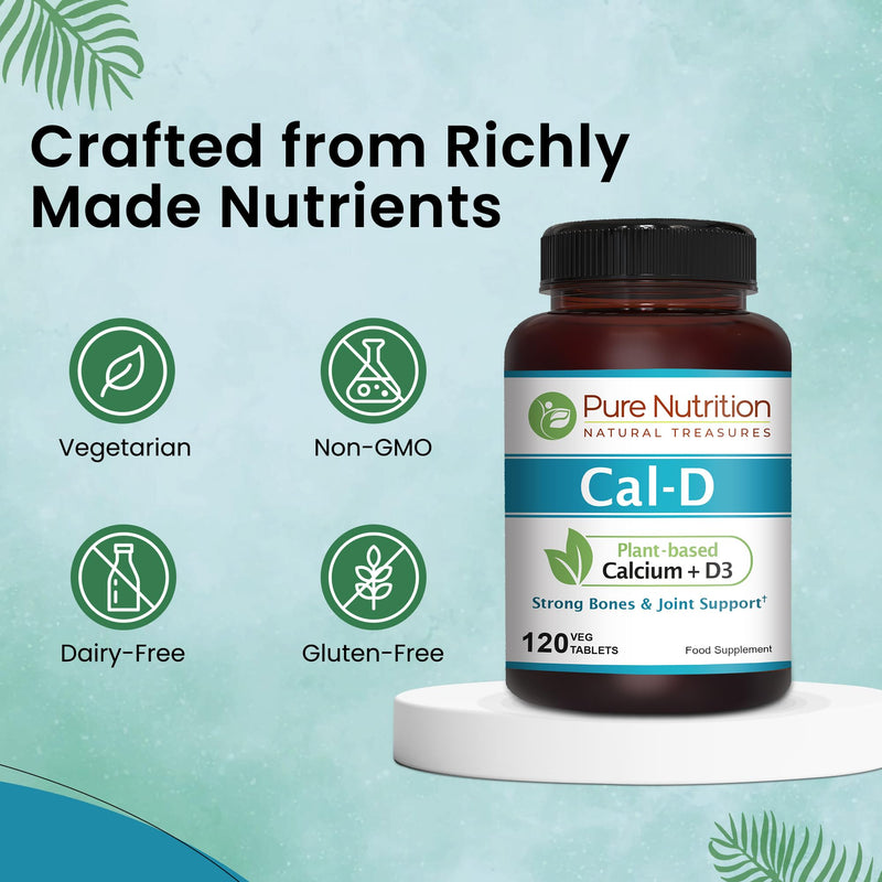 Pure Nutrition Cal D - Plant Based Calcium with VIT D3 K2 & Magnesium | 120 Tabs | 1000mg Vegan Calcium per Serving | Supplement for Bone Health