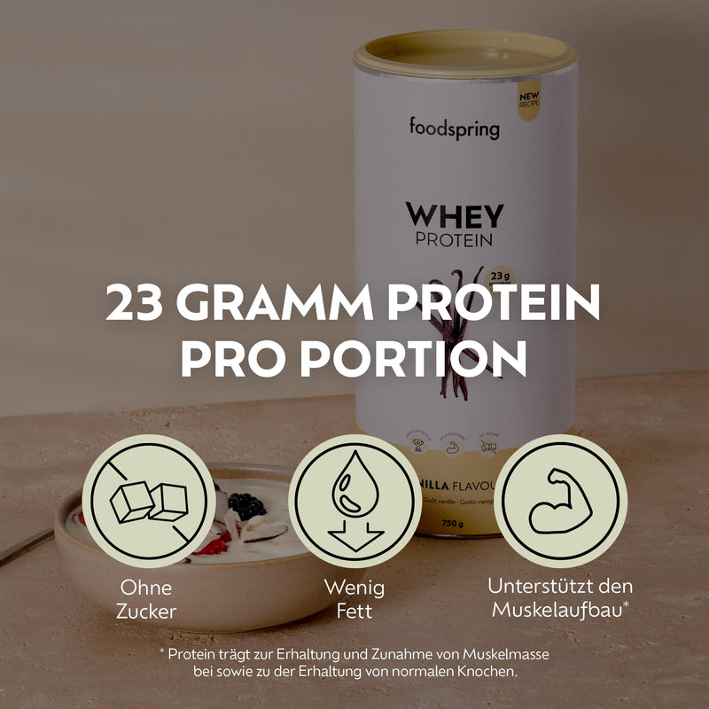 [Australia] - foodspring - Whey Protein Powder Vanilla - With 23g protein for building muscle, perfect solubility, ultra-filtered, rich in BCAAs & EAAs - full-bodied & delicious taste (750g) 