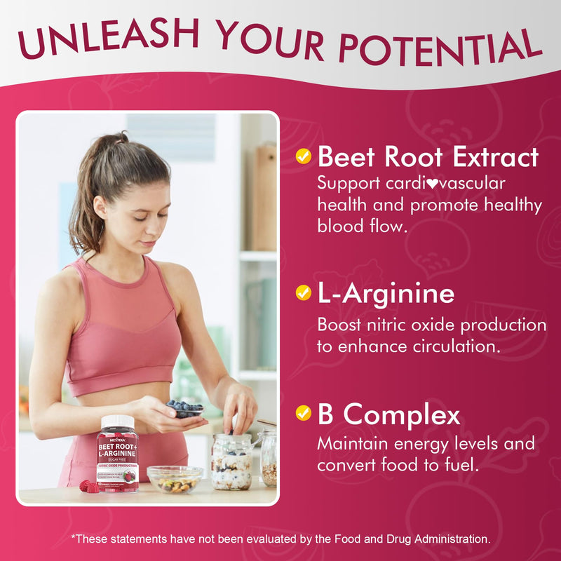 [Australia] - Beet Root Gummies & L-Arginine, Nitric Oxide Supplements for Men & Women w/Organic Beets, B1, B2, B3, B5, B6, Folate, B12 for Energy Boost & Circulation Support, Sugar Free, 120 Cts 60 Count (Pack of 2) 