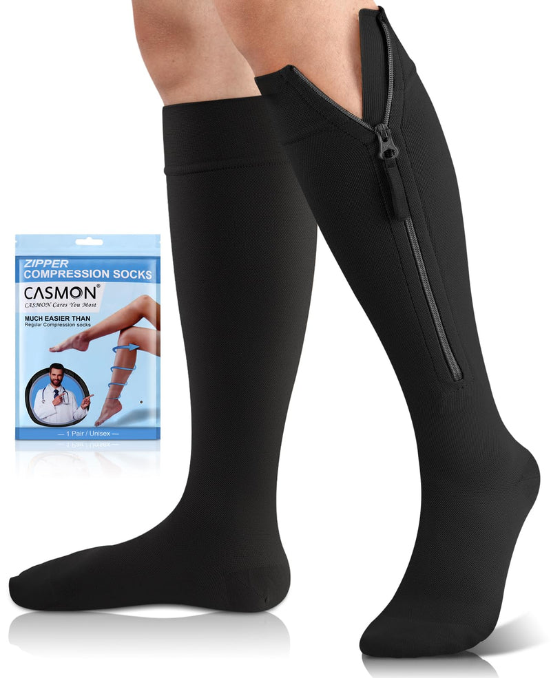 CASMON 15-20mmHg Zipper Compression Socks for Women and Men, Knee High Compression Stockings, Medical Closed Toe Support Socks for Varicose Veins, Post-surgery, Swelling, Nurses, Pregnancy (1 Pair) Large Black