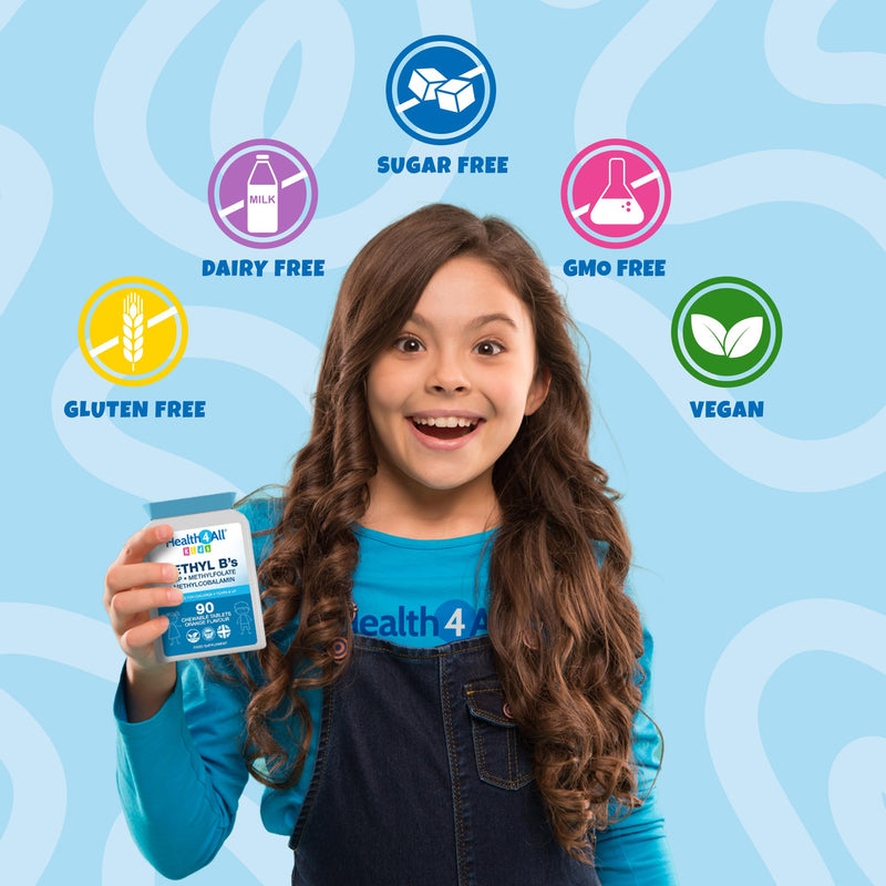 Health4All Kids Methyl B's 90 Chewable Tablets (3 Months Supply), Stress & Mood Support for Children 4+, Methylated B Vitamins B12 Methylcobalamin, 5-Methylfolate & Vitamin B6 P5P, Vegan | Made in UK 90 count (Pack of 1)