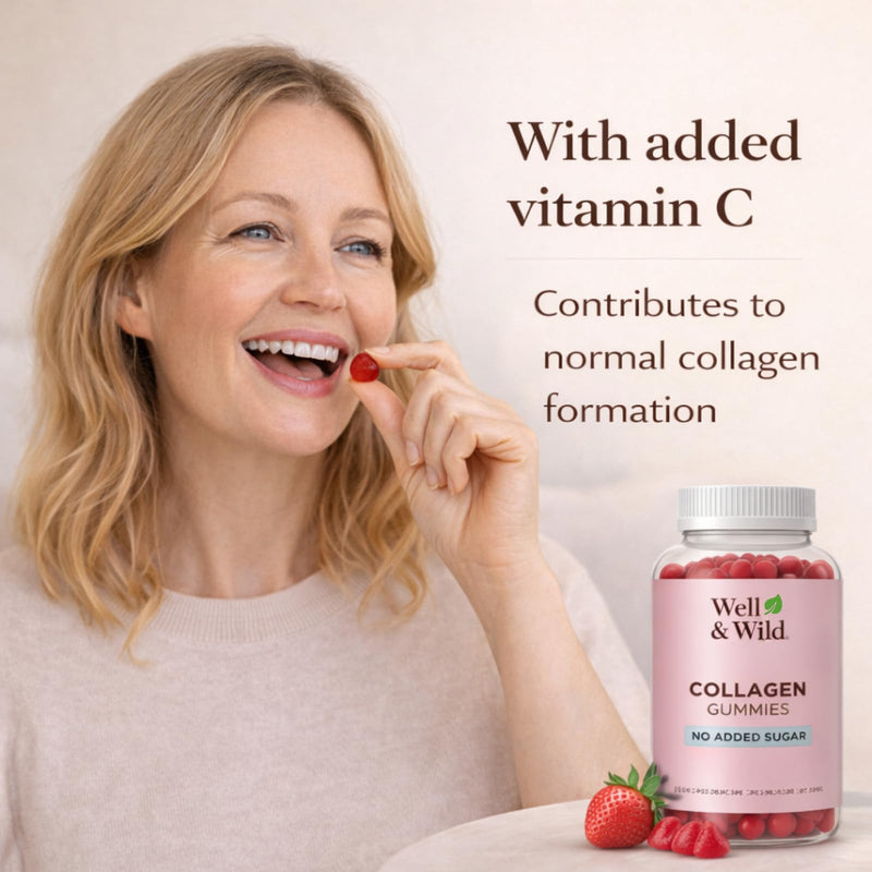 Well & Wild Collagen Gummies with Vitamin C – Marine Collagen Supplement for Skin & Hair Support – No Added Sugar – Strawberry Flavour – 60 Gummies (30 Day Supply)