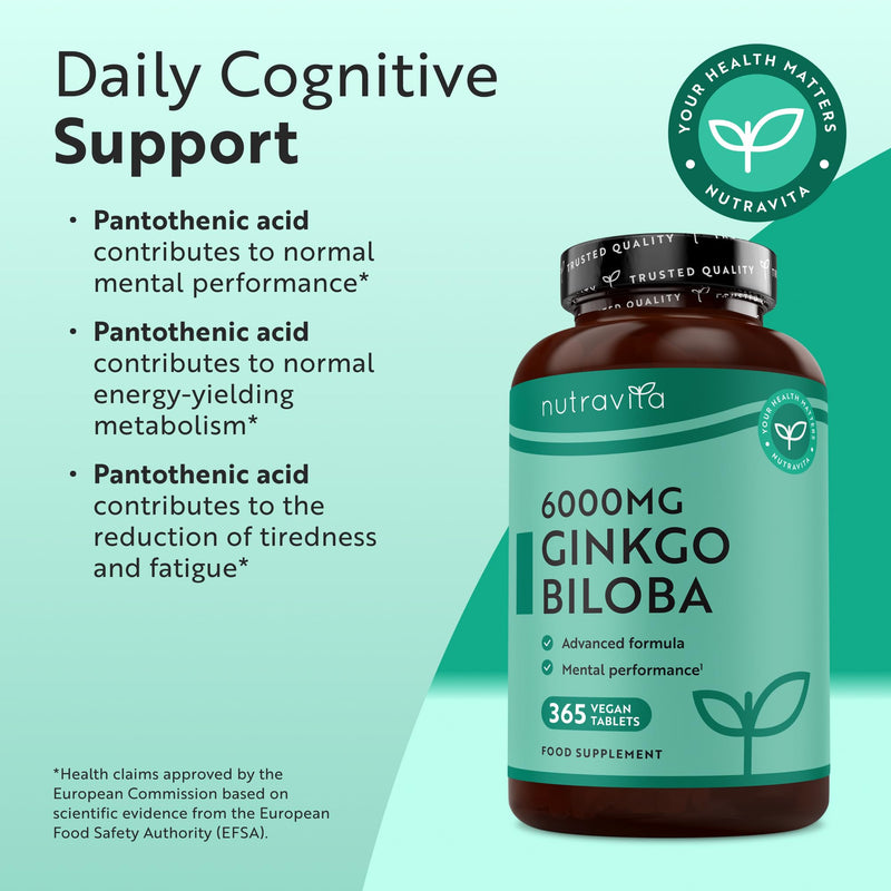 Nutravita Ginkgo Biloba 6000mg Vegan Tablets Enriched with Vitamin B5 – 365 Tablets – Ginko Biloba High Strength Supplement – 50:1 Extract - 1 Year Supply Pan-EU Label