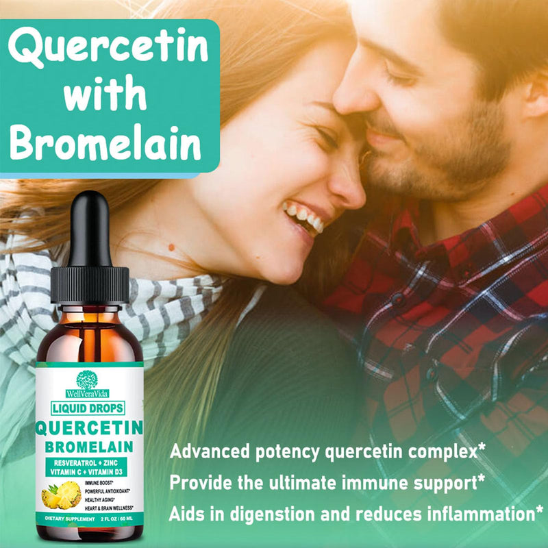 [Australia] - Quercetin with Bromelain Liquid Drops, 4X Stronger Than Capsules & Pills, 7-in-1 Organic Zinc Quercetin 1000mg with Bromelain 500mg Vitamin C D3 Immune Support for Respiratory Health & Antioxidant Pineapple 2 Fl/Oz (Pack of 1) 
