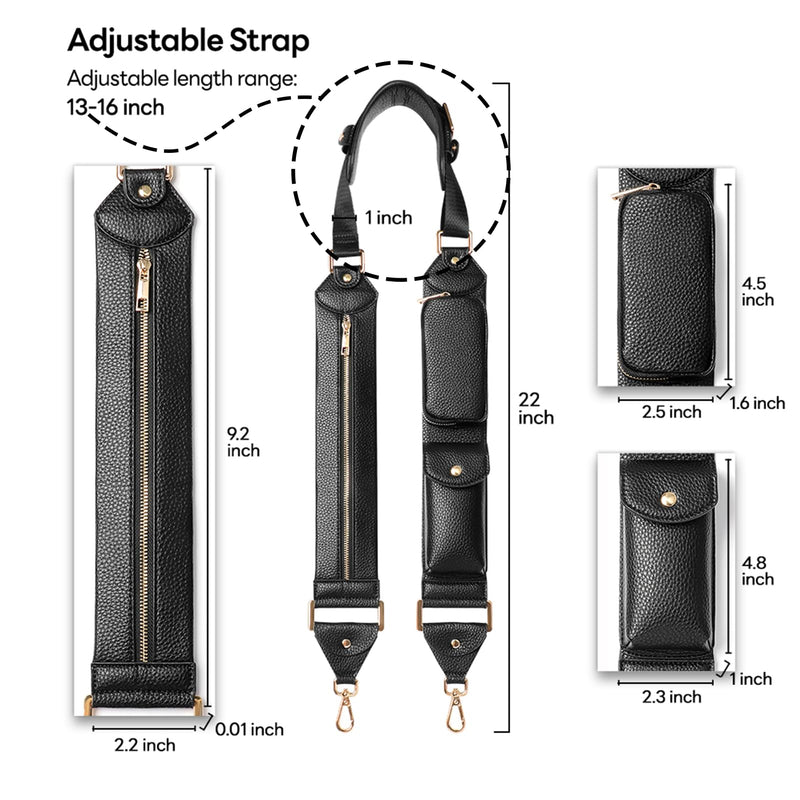 LUCKYCOIN Full Grain Leather Crossbody Strap, Adjustable 46"-55", Black | Pebble Genuine Leather Replacement Strap, 3 Pockets, 360° Swivel Hooks, Soft Shoulder Pad, for Crossbody Bags & Phone Cases