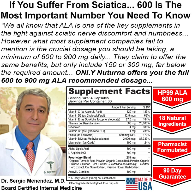 Sciatica Nerve Relief Supplement with 600 mg Alpha Lipoic Acid - Maximum Strength ALA Sciatic Support for Feet, Hands, Fingers, and Legs - Ultra Potent 18-in-1 Natural Nerve Vitamins - 120 Capsules