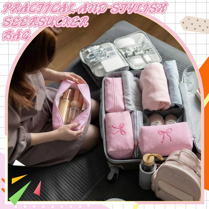 12 Pcs Pink Bow Seersucker Cosmetic Bags Bulk Seersucker Makeup Bags Stripe Women Pouch Large Preppy Storage Pouch Toiletry Travel Organizer for Party Favor 12