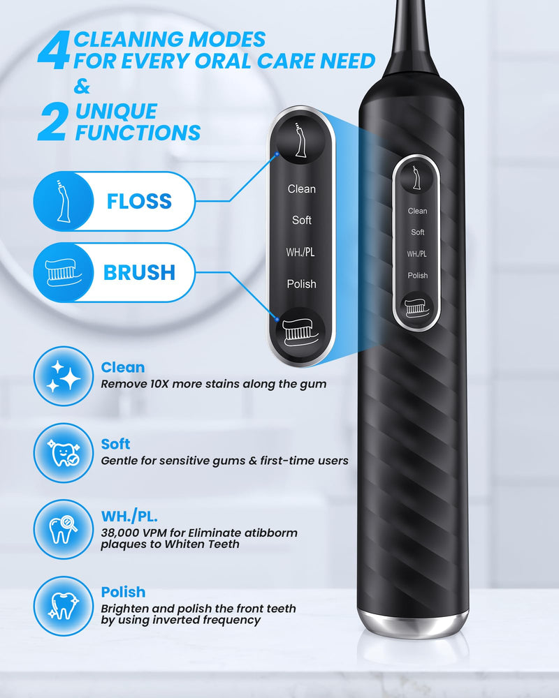 [Australia] - Electric Toothbrush with Water flosser, 3 in 1 Teeth Cleaning Kit with 7 Modes, Electric Toothbrush and flosser Combofor Adults, Water Flosser Portable for Travel and Home (Black) Black 