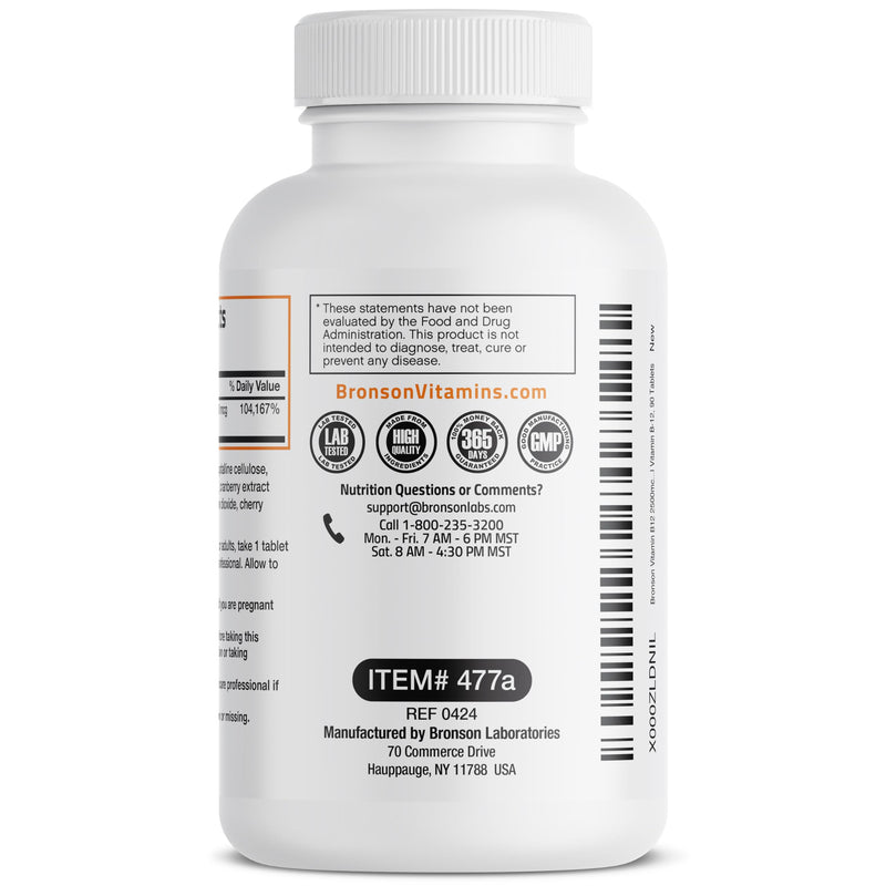Bronson Vitamin B12 2500 mcg Fast Dissolve Sublingual Cherry, 90 Tablets | B12 as Cyanocobalamin, Supports Energy Metabolism, Red Blood Cell Formation, Nerve & Brain Function 90 Count (Pack of 1)