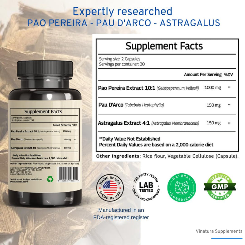 [Australia] - Pao Pereira + Pau D'Arco, Astragalus - 1300MG SERVING, USA Made & Tested, Stem Cells and Immune support, 60 Capsules 