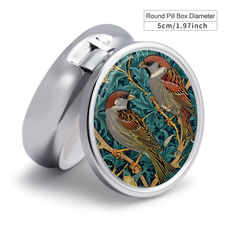 Pill Box 3 Compartment Small Pill Case, Portable Round Pill Box for Pocket or Purse, Decorative Metal Medicine Vitamin Organizer. (Two Birds) Two Birds