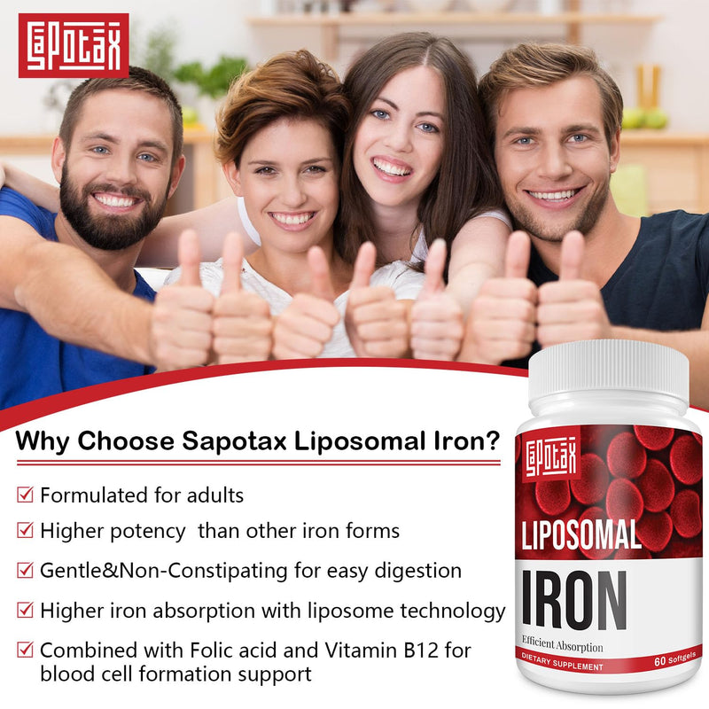 Liposomal Fe Iron Supplement for Women, 65 mg Iron Supplement with Folic Acid & Vitamin B12 for Men, Daily Blood & Energy Support for Adults Iron Deficiency 60 Softgels (1 Bottle) | 65 mg Iron Supplement with Folic Acid & Vitamin B12 for Men, Dietary S...
