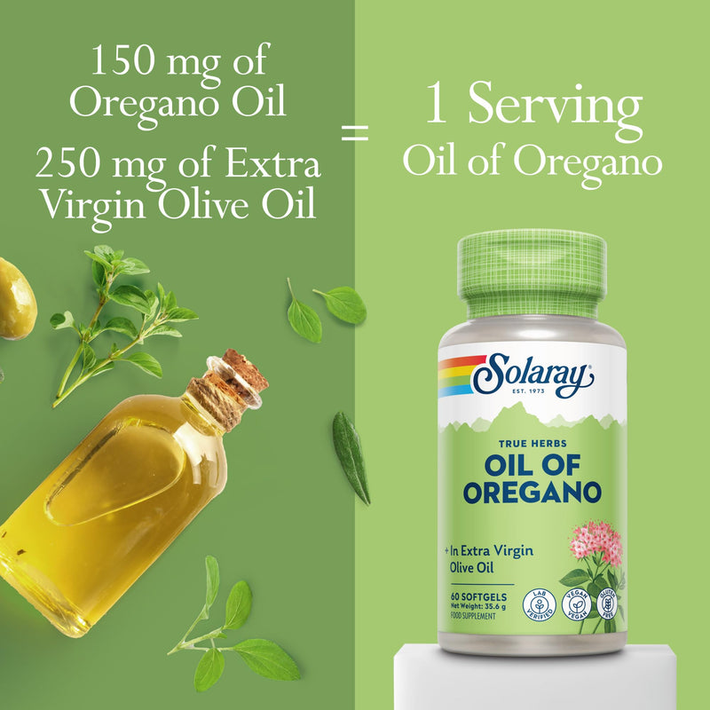Solaray Oil of Oregano 150mg - 60 Vegan Softgels - Natural Source of Omega 3 & 6 Fatty Acids - High Strength Supplement with Extra Virgin Olive Oil for Gentle Digestion - Lab Verified
