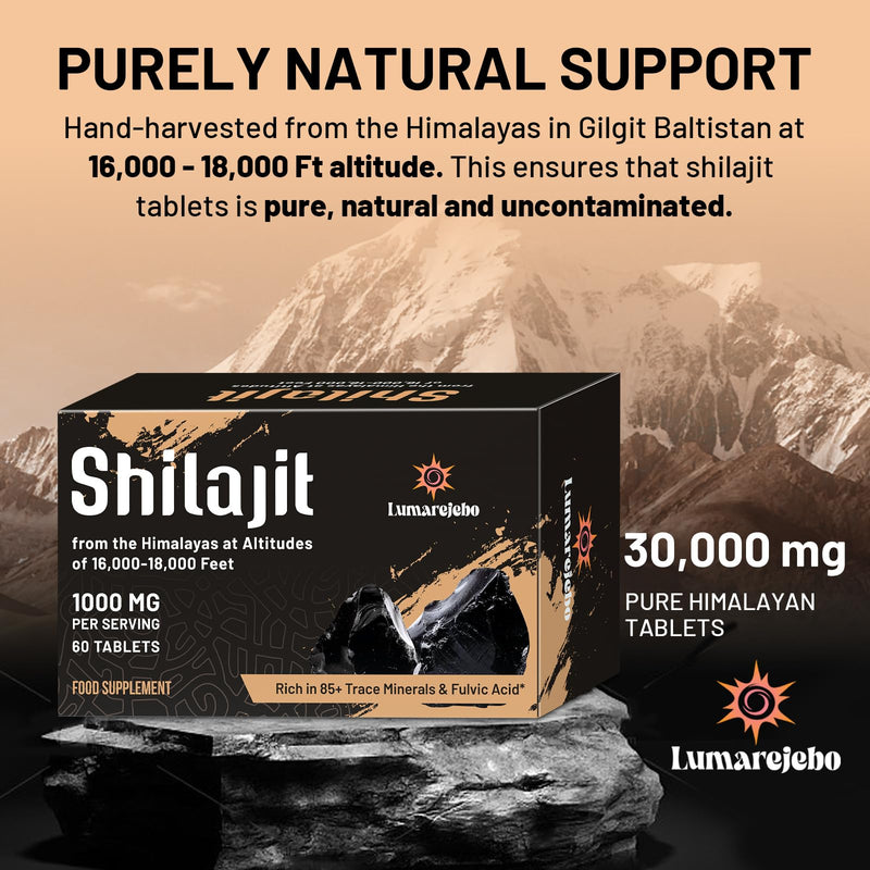 Shilajit Tablets 30,000 mg, 100% Pure High Strength Himalayan Shilajit Tablets, Rich in 60% Fulvic Acid and 85+ Trace Minerals, Energy and Immune Support, 60 Count (Pack of 1) 60 count (Pack of 1)