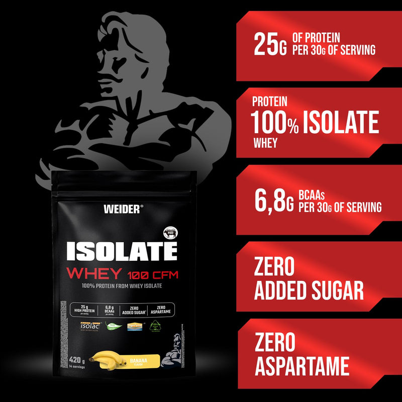 Weider Isolate Whey 100CFM (420g) Banana Flavour, Protein 100% Isolate Whey from Isolac®, 25g Protein/Portion, with Digestive Enzymes Digezyme®, No Added Sugar, No Aspartame, Low Fat, 14 Servings 420g