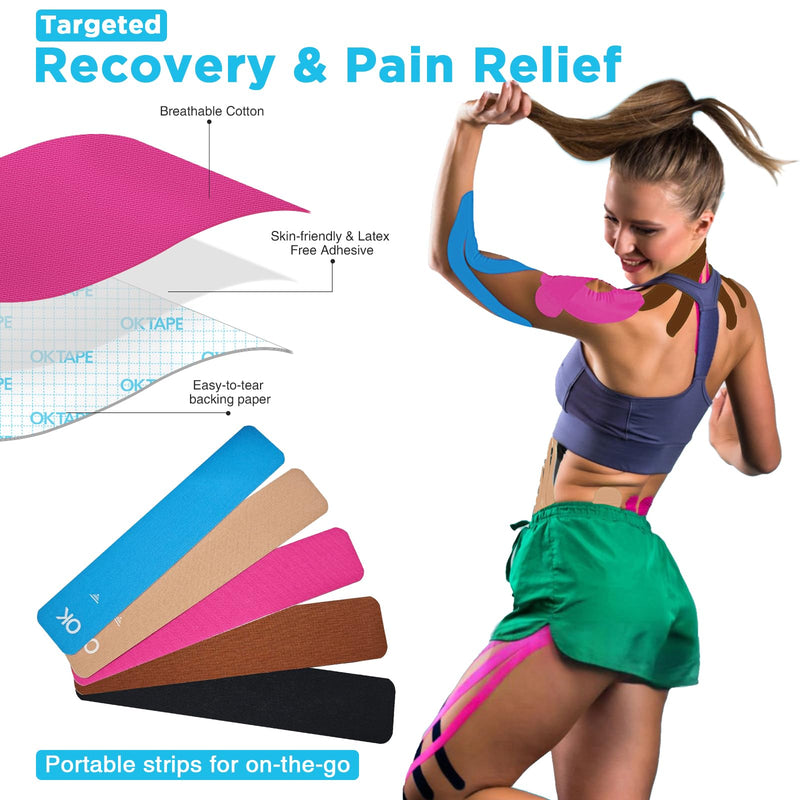 [Australia] - OK TAPE 100Pcs Precut Kinesiology Tape Strips, Elastic Athletic Tape for Joints Support & Muscle Pain Relief, Waterproof, Kinetic Tape for Shoulder, Knee, Ankle (5 Colors, 2 inch x 10 inch) Mixed 100 Pcs 