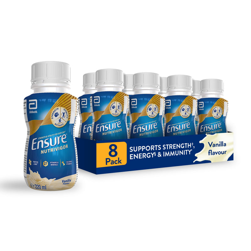 Ensure NutriVigor Nutritional Shake – Vanilla Flavour – 8 x 220ml – Boosts Energy – Ready-to-Drink – Food Supplement with Protein, HMB and27 Vitamins and Minerals Pack of 8