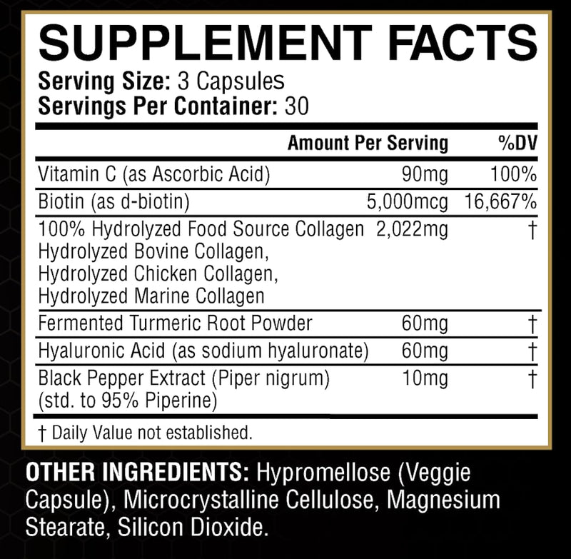 Multi Collagen + Fermented Turmeric – Hydrolyzed Collagen Types I, II & III with Biotin, Hyaluronic Acid & Vitamin C – Skin, Hair, Nail & Joint Support – 90 Capsules