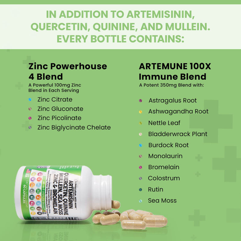 [Australia] - Clean Nutraceuticals Artemisinin 2500mg Quercetin 1000mg Zinc 100mg Mullein Quinine Supplement with Sea Moss Bromelain Ashwagandha Root Nettle Leaf Bladderwrack Burdock Root Monolaurin Colostrum Rutin 
