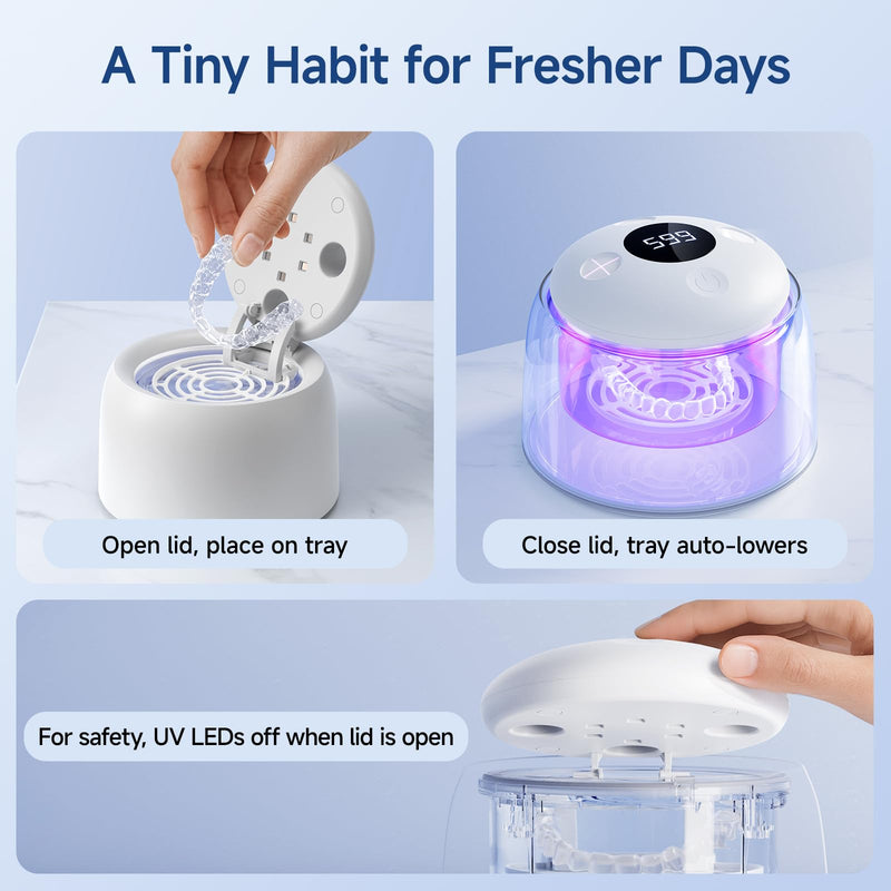 [Australia] - Ultrasonic Retainer Cleaner Machine - 45kHz Dental Clean Pod with 6 Cleaning Lights for Denture, Toothbrush Head, Aligner, Night/Mouth Guard, Jewelry, Ultra Sonic Cleaner with Lifting Tray 