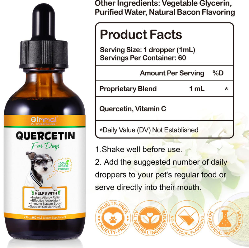 Quercetin for Dogs, 60ML Quercetin Liquid Drops Supplements with Vitamin C for Dog Allergy Relief, Immune Support, Itch Relief & Antioxidant (Natural Bacon Flavor)