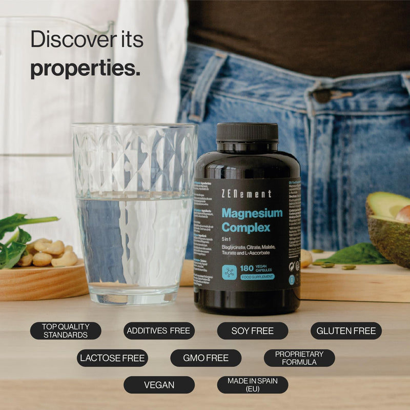 Magnesium Complex, 5 in 1 - Bisglycinate, Citrate, Malate, Taurate & L-Ascorbate - High Bioavailability and Tolerance, No Magnesium Oxide - 360 mg per Serving - 180 Capsules - Zenement