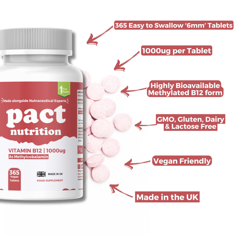 Vitamin B12 1000mcg – 365 Easy to Swallow Tablets (1 Year Supply) - High Strength VIT B12 Supplement for Energy, Tiredness & Fatigue and Immune System – Vegan
