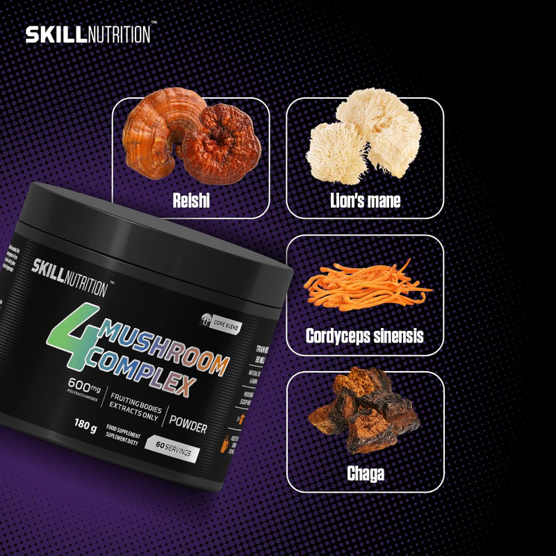 Skill Nutrition 4 Mushroom Complex | Lion’s Mane, Reishi, Chaga, Cordyceps Extracts | Standardized Mushroom Extracts | Natural Support for Vitality & Wellbeing – Premium Dietary Supplement | 180 g