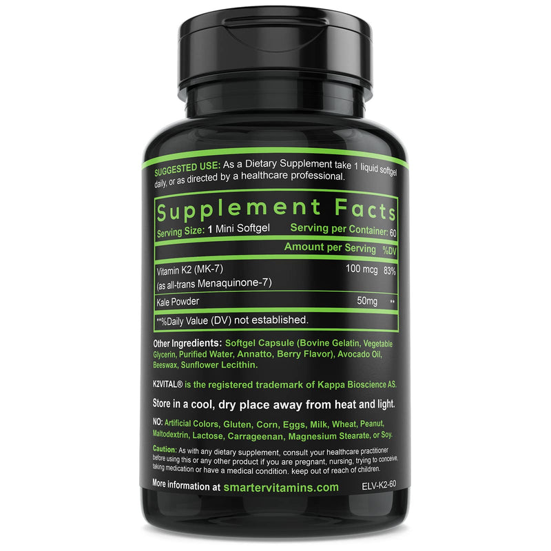 [Australia] - Smarter Vitamin K2 MK7 100mcg, Made with K2VITAL and Kale, 60 Liquid Softgels 60 Count (Pack of 1) 