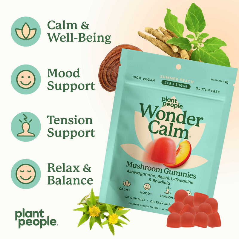 [Australia] - Plant People WonderCalm Mushroom Gummies - Natural Ashwagandha Supplement to Ease Stress & Boost Mood for Adults Without Sugar, Gluten or Artificial Colors, Vegan-Friendly, Peach Flavor, 60 Count 60 Count (Pack of 1) 