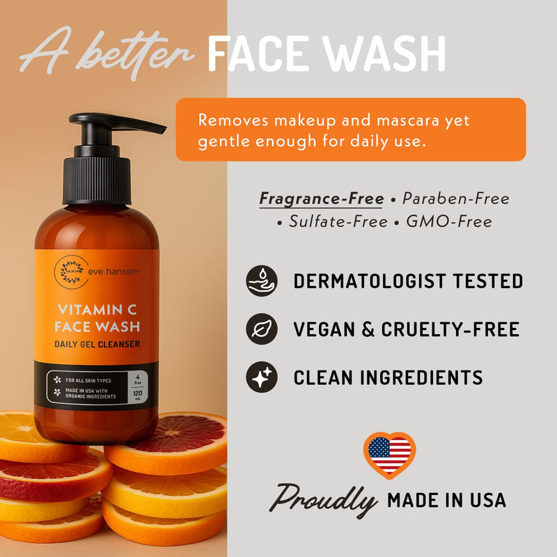 Eve Hansen Vitamin C Cleanser Face Wash | Anti Aging Facial Cleanser for Fine Lines, Age Spots, Dark Circles | Cruelty Free Skin Care Cleansing Gel with Aloe Vera, Vitamin E (4 oz) 4 Fl Oz (Pack of 1)