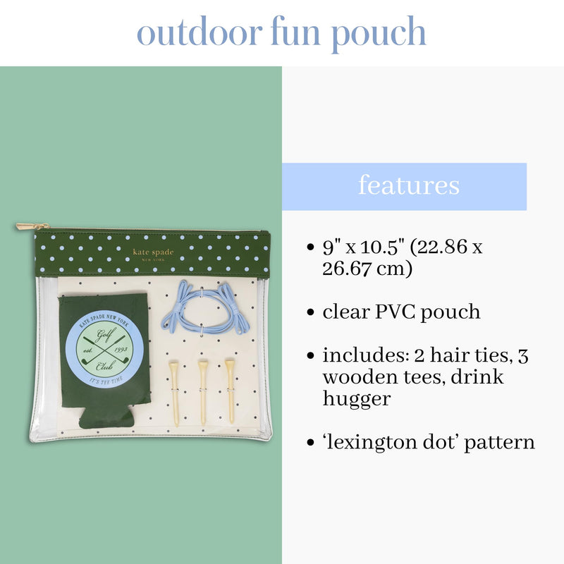 kate spade new york Outdoor Fun Golf Pouch Set, Lexington Dot | Clear and Green Polka Dot Travel Pouch with Drink Hugger, 3 Wooden Golf Tees & 2 Hair Ties, Zipper Bag with Leatherette Trim