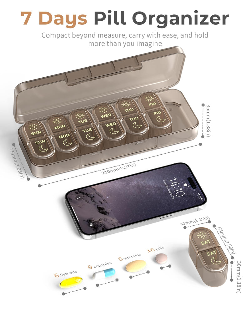 Pillex Weekly Pill Organizer 2 Times a Day, 7-Day AM PM Pill Box, Travel Pill Case, Medicine Pill Organizer for Fish Oils, Vitamins & Supplements Brown