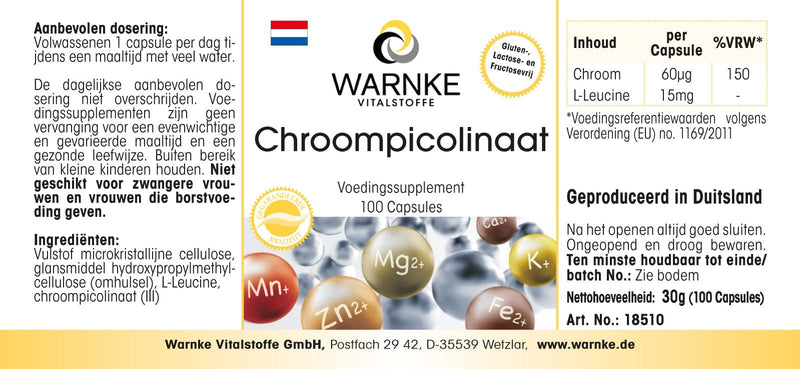 [Australia] - Chromium picolinate - with 60µg chromium per capsule - 100 capsules - essential trace element - vegan - Chromium Picolinate | Warnke vital substances - German pharmacy quality 