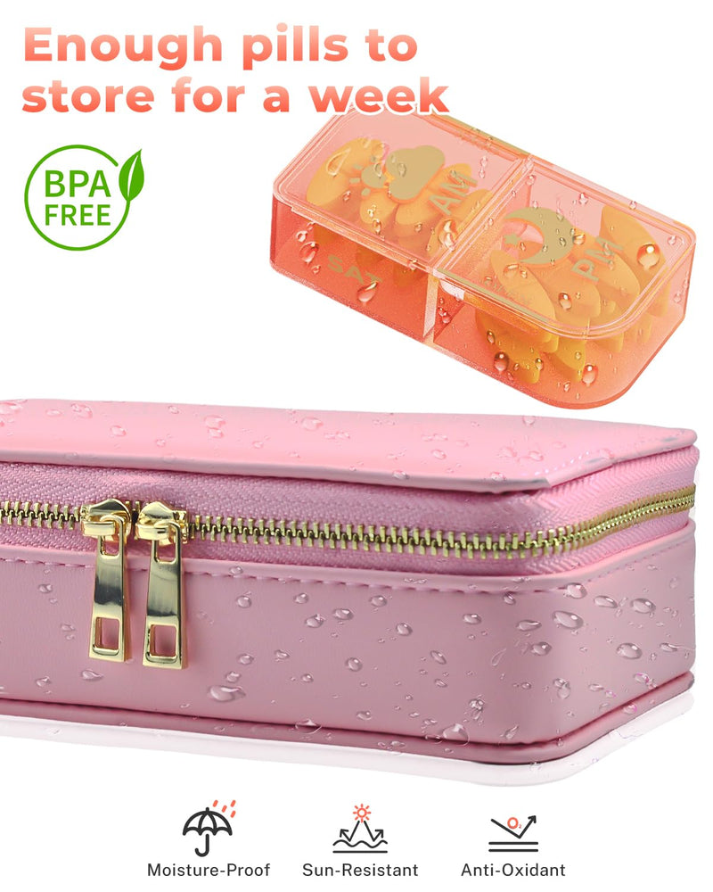 Pill Organizer 2 Times a Day (AM PM), Weekly Pill Box with PU Leather Case, Stylish Portable Medicine Organizer for Purse, Vitamins & Supplements (Pink) Pink