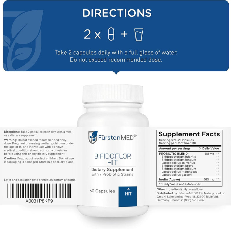 FürstenMED® Bifidoflor HIT with 7 Probiotic Strains - Lactobacillus Salivarius, Gasseri, Rhamnosus & 4 Bifidobacterium - Normal Gut Digestive Health Support Supplement - 60 Vegan Capsules