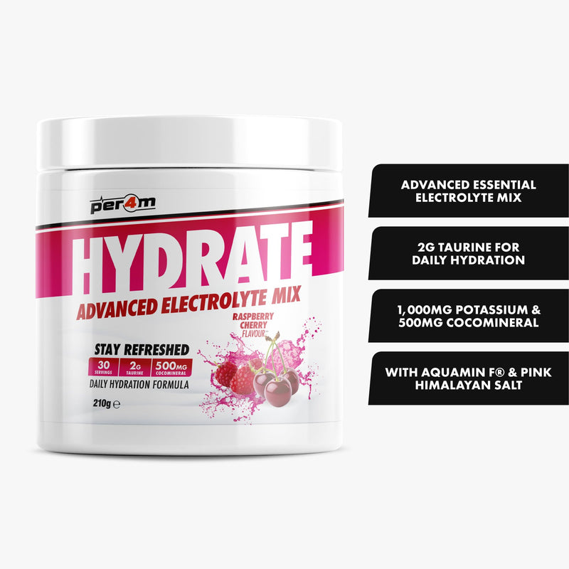 Per4m Hydrate Electrolyte Mix Powder | 500mg Cocomineral to Replenish Essential Electrolytes | Muscle Function, Cardiovascular Health, Neurological Support | 210g (Raspberry Cherry) Raspberry Cherry