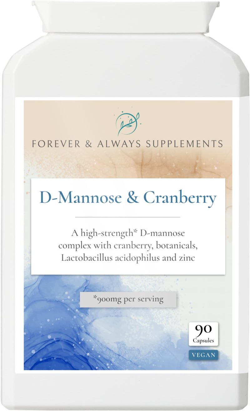 D-Mannose with Cranberry, botanicals & Lactobacillus Acidophilus, Urinary Tract (UTI), Bladder Support & Gut Health Complex - High Strength Vegan, Forever & Always Supplements