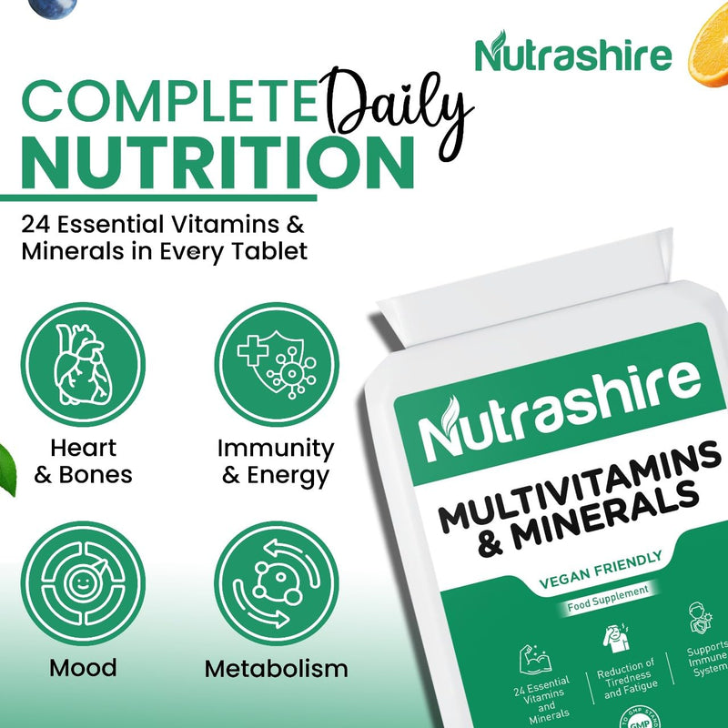 Vegan Multivitamins and Minerals – 60 Multivitamin Tablets for Men & Women with 24 Essential Nutrients Including B12, Iron, Calcium and Zinc – Made in UK
