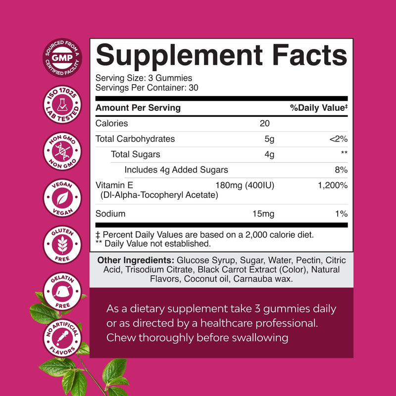 [Australia] - Natures Craft Vitamin E Gummies for Skin Care - High-Potency Vitamin E 400 IU Skin Supplement - Delicious & Easy-to-Take Supplement Promote Health Immune Support & Cellular Protection (1 Month) 90 Count (Pack of 1) 
