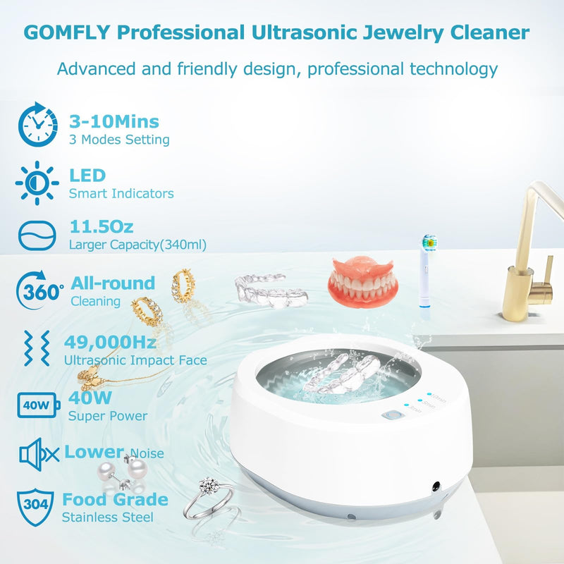 [Australia] - Ultrasonic Jewelry Cleaner, 49kHz Mini Ultrasonic Retainer Cleaner Machine for Earrings, Jewelry, Dentures, Aligner, Night Guards, Mouth Guard- 304 Stainless Steel, 3 Cleaning Modes Elegant Gray 