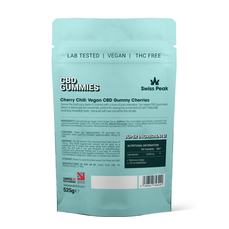 Swiss Peak, High-Strength 3200mg CBD Cherry Flavoured Gummies, 70 Gummies Per Tub, Non-GMO, All Natural & No THC, Vegan, Gluten-Free | UK-Made